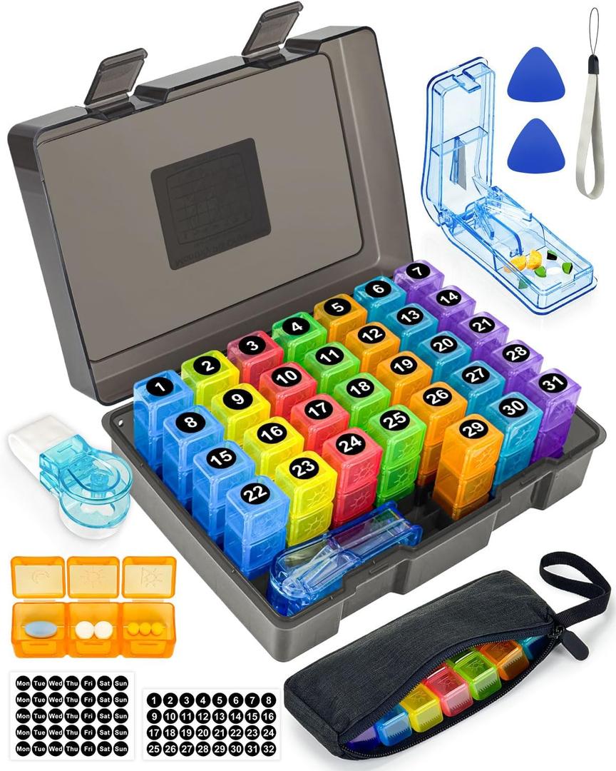 Monthly Pill Organizer 3 Times a Day Yonlog Large Medicine Box with Weekly Travel Bag, Pill Cutter, Easy-Open Pick, Pill Taker Tool, and 2 Medication Stickers (Black, 3 Times a Day)