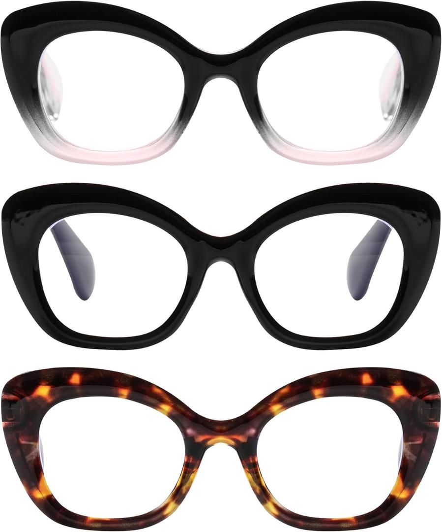 3 Pack Oprah Style Cat Eye Reading Glasses Women, Oversized Anti Blue Light Cateye Readers with Spring Hinges