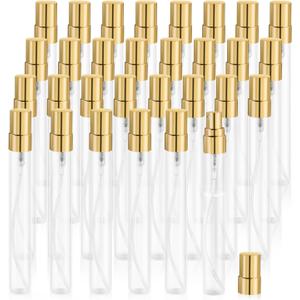 30 Pcs 10ml/0.34oz Mini Spray Bottle Glass Fine Mist Perfume Atomizer Empty Sample Containers with Golden Lids for Travel Cleaning Essential Oils