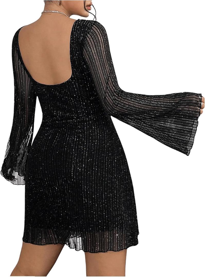 Floerns Women's Plus Size Sequin Backless Bell Sleeve Mesh Party Bodycon Mini Dress (XX-Large Plus, Black)