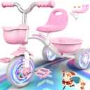 Toddler Tricycle for 1-3 3-5 Year Olds, 2 3 4 5 Year Old Girl Xmas Birthday Gifts, Pink Toddler Baby Bike, 3-Level Adjustable Seat, 3 Color Light Wheels, 2 Baskets, Outdoor Toys for Ages 2-4