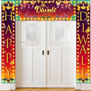 Vitalcozy 3 Pcs Happy Diwali Porch Banner Diwali Decorations for Home Lights Backdrop Pooja Decoration with 6 String Lights Indian Festival Deepavali Decorations for Home Doorway, 12.2 x 72.05 Inch