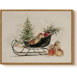 Christmas Sleigh with Holiday Tree and Gift Boxes Wall Art, 12x16 Inch Christmas Framed Canvas Painting Print, Rustic Festive Picture Winter Artwork Dining Room Office Entryway Gift Dcor