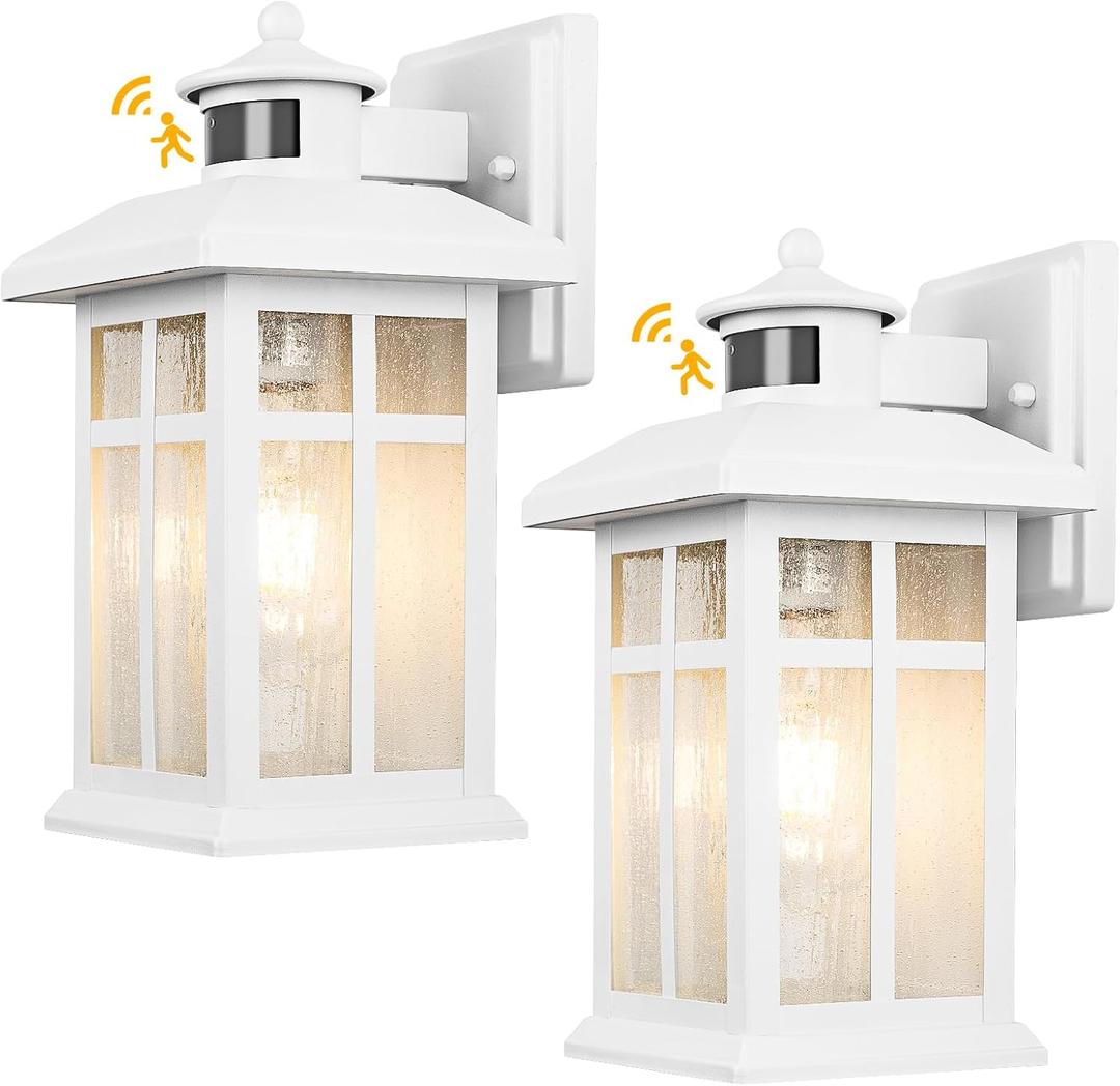 Brilvibera 2 Packs Motion Sensor Outdoor Lights, Outside Light Fixtures for House White, Porch Lights Outdoor 2- Pack with E26 Sockets & Tempered Glass, Waterproof Exterior Wall Lights Motion Sensor