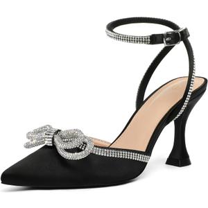 mysoft Women's Rhinestone Bow Pumps Wedding Dress Shoes Pointed Toe Ankle Strap Kitten Heels (8.5)