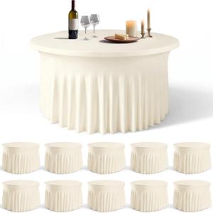 WJWHQ 10 Pack Ivory Round Spandex Tablecloths for 60in Tables, 120Inch Stretchy Fitted 5FT Round Table Clothes,Wrinkle Free Table Cover with Skirt for Wedding Party Dining Banquet, 120 Inch Round - 10 PCS