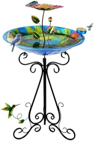 DREAMSOUL 20" Hummingbird Bird Bath Stand, Metal Deep Bird Bath for Outside with Folding Bracket, 2 in 1 Birdbath and Feeder for Garden Lawn Yard