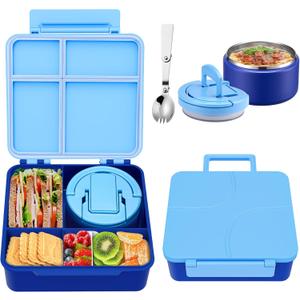 Bento Lunch Box for Kids with 8oz Soup Thermo, Kids Leakproof Lunch Food Containers with 4 Compartment, Kid Insulated Thermo Hot Food Jar for School, Travel-Blue