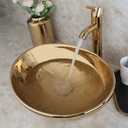 Bathroom Vessel Sink 16 Inch Gold Ceramic Sink Bowl With Gold Faucet and Pop-Up Drain Combo,Oval Bathroom Sink Above Counter Art Sink Washing Basin Set