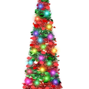 5 FT Pop Up Christmas Tinsel Tree with 50 LED Lights & Remote, Star Topper, Easy Assembly with Stand, Collapsible Prelit Christmas Pencil Tree for Xmas Home Party Decor (Green, Red)