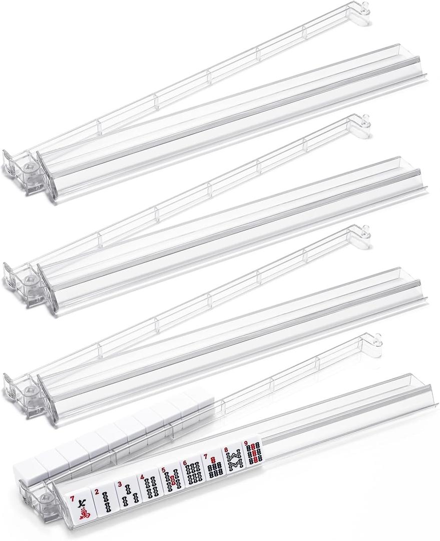Mahjong Racks with Pushers, 4PCS Mahjong All-in-One Tile Rack and Pusher, Clear Acrylic American Majiang Tile Racks with Built-in Pushers, Transparent