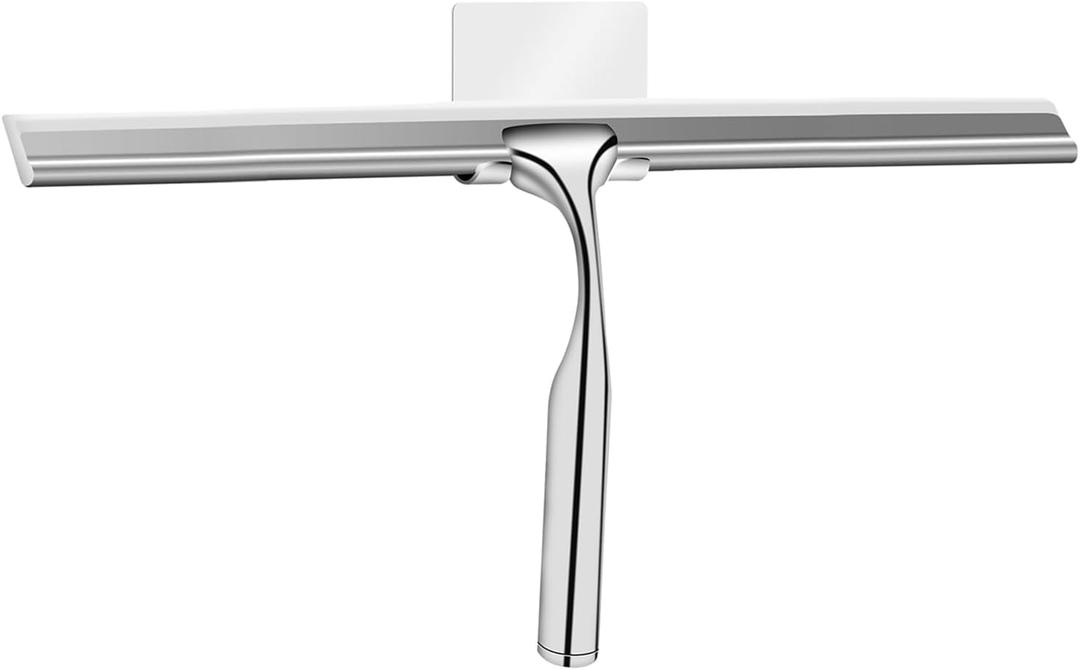 Shower Squeegees Stainless Steel with Self Adhesive Hook Window Squeegees for Shower Doors Bathroom Mirror Wiper, Window Glass Cleaning (14 Inches)