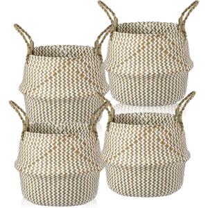 Qunclay 4 Pack Woven Seagrass Baskets Belly Basket Folding Boho Plant Pot with Handles Round Decorative Wicker Large Indoor Planter for Home Outdoor Tree Planters Decor(Natural, White)