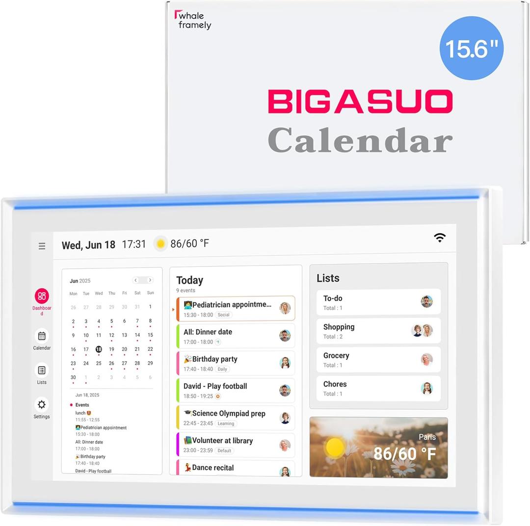 15.6 Inch Digital Calendar, Full HD Touchscreen Smart Planner for Family Schedules - Wall & Desk Mount, Great for Seamless Daily Planning & Household Organization, with LED Reminder Light (White)