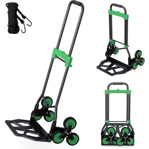 Heavy-Duty 330LB Capacity Hand Truck with Stair-Climbing Wheels & One-Touch Retractable Handle - Q235 Steel Collapsible Dolly Cart, 4.2-Inch Triple Wheels, Elastic Strap & Sponge Grip (Green)