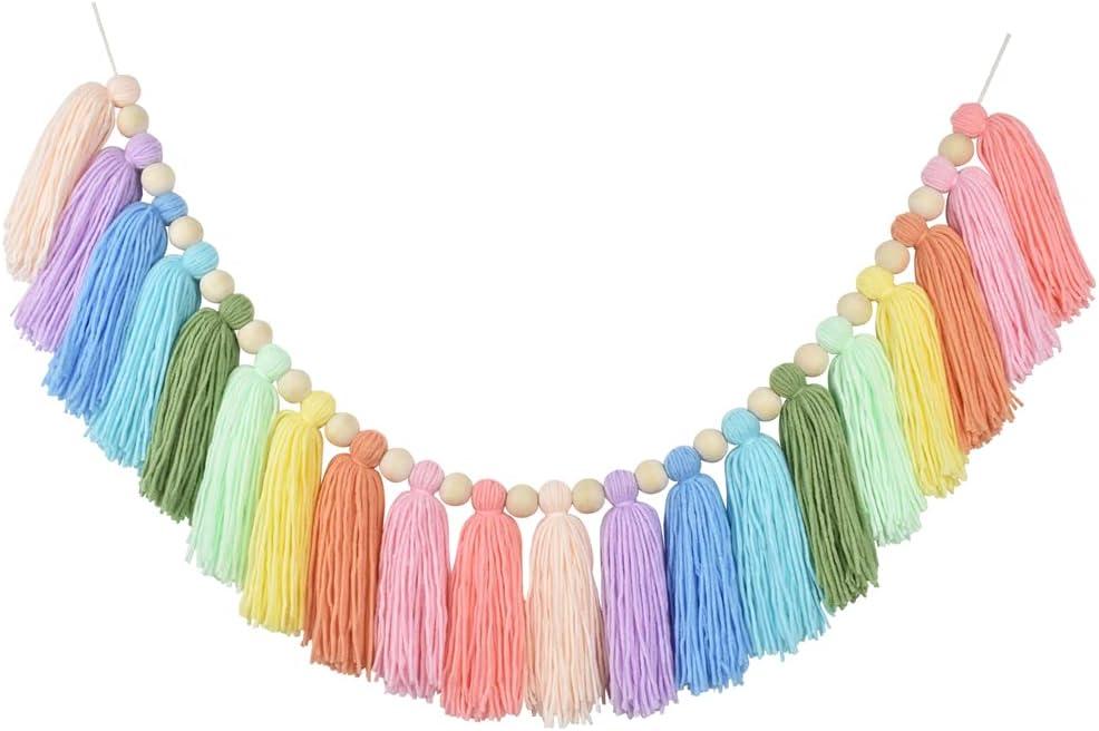 DrCor Pastel Rainbow Tassel Garland Boho Classroom Decor for Back to School, Baby Shower, Party Banner for Nursery, Kids Room, Birthday or Graduation Decoration, 15 feet