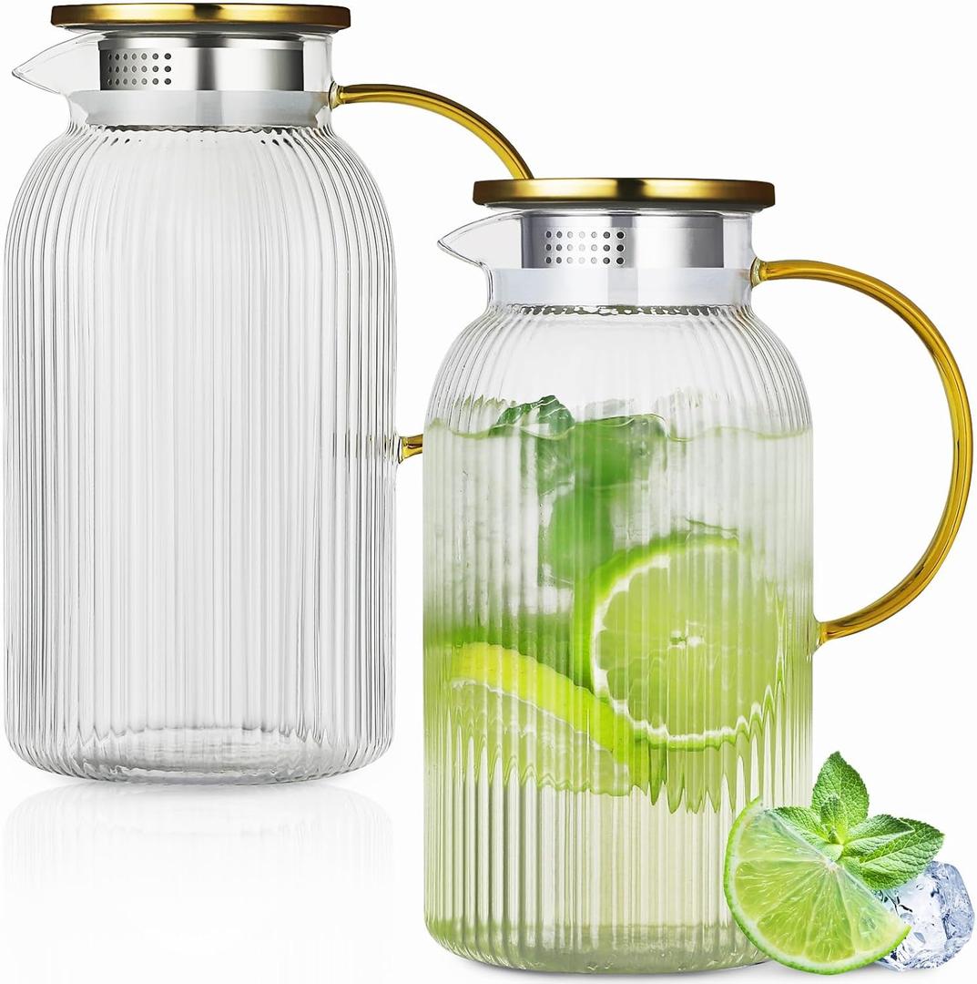 Glass Pitcher with Lid, 2Pcs Elegant Heat Resistant Cold 2 Lite Brew Pitchers for Fridge Hot Cold Water Coffee Milk Lemonade BeverageVertical StripesLemonade Beverage