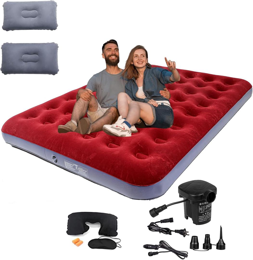 Queen Size Double Camping Air Mattress Bed with Air Pump,Inflatable Mattress,80"x 60"Thickened Portable Blow Up Air Mattress,Travel Sleeping Bed Pad for Camping Home Hiking