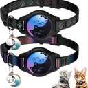 Cat Collar with Airtag Holder, 2 Pack Waterproof Breakaway Kitten Collar for Apple AirTag GPS Tracker, Adjustable Cat Collar with Buckle, Bell & Reflective Pattern for Cats, Kittens, Black (8-11")