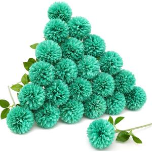 Floweroyal 24pcs Teal Flowers Artificial Chrysanthemum Ball Silk Hydrangea Flowers Bridal Wedding Bouquet for Home Garden Party Office Coffee House Decoration (Peacock Blue-24pcs)