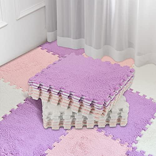 Amylove 12 Pack Plush Foam Floor Mat Square Interlocking Carpet Tiles with Border Fluffy Play Mat Floor Tiles Soft Climbing Rugs for Bedroom Playroom, 12 x 12 x 0.4 in(White, Light Pink, Mauve)