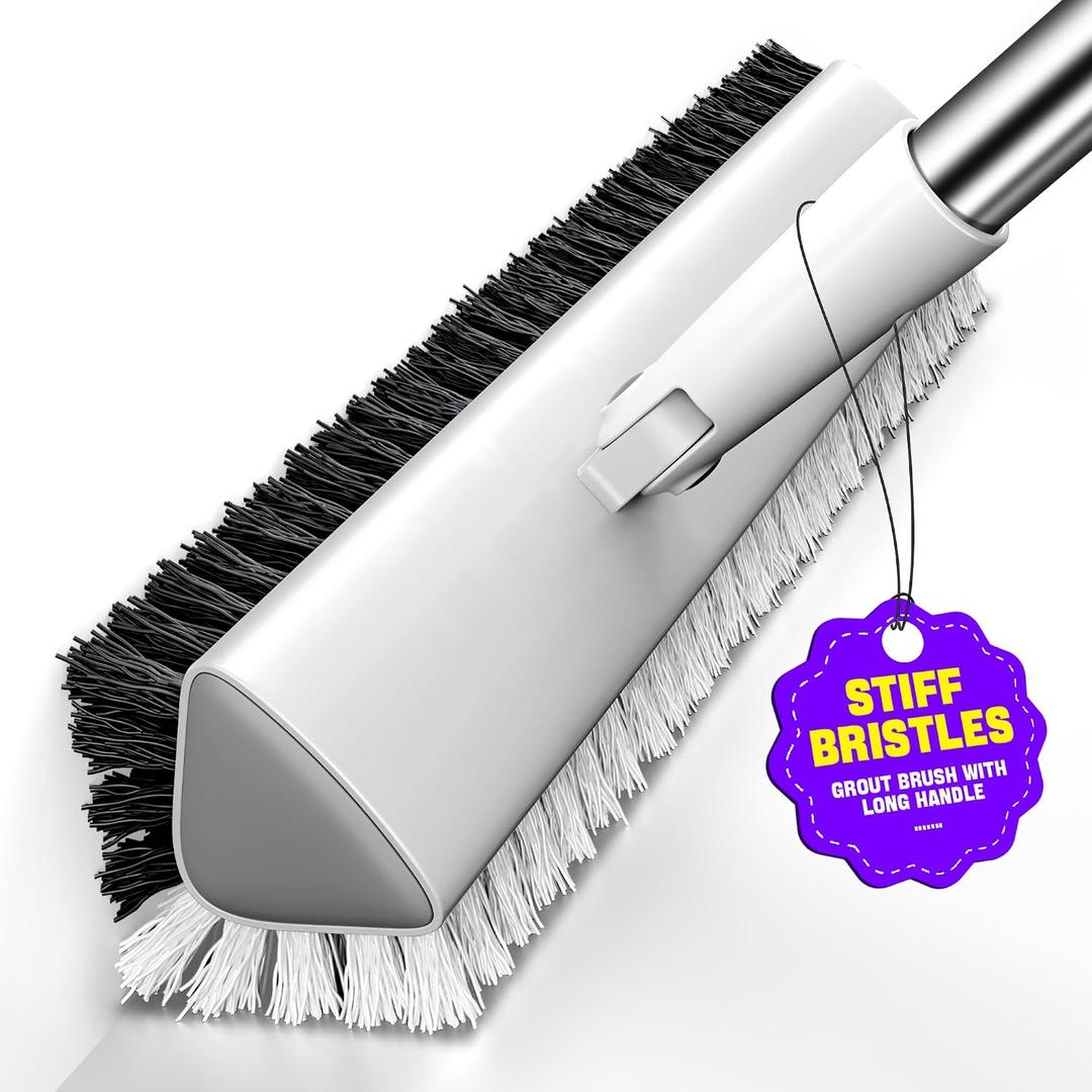 Grout Brush with Long Heavy Duty Handle, 180 Swivel Floor Scrub Brush, V-Shaped Grout Line Scrubber with Stiff Bristles, Cleaning Brush for Deep Cleaning Tile Grout, Shower, Kitchen, and Concrete