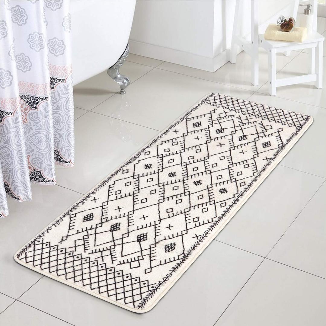 Uphome Bathroom Runner Rug 18x47 inch Boho Long Bath Mat Non-Slip Moroccan Geometric Farmhouse Bath Rug Soft Velvet Machine Washable Floor Mats for Bathtub Sink Shower (Beige)