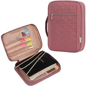 FINDCOZY Bible Cover for Women, Durable Carrying Book Case Church Bag for Biblical Accessories with Handle and Zippered Pocket, for Scriptures, Rosewood Pink (Medium)
