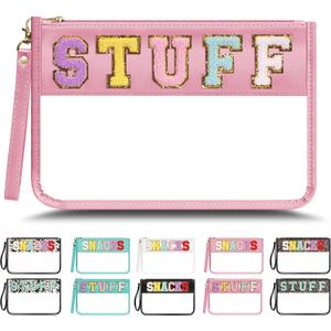 Chenille Letter Clear Zipper Pouch for Travel, Nylon Makeup Letter Bag, PVC Waterproof Cosmetic Bag, Snack Bags for Women Girls, Clear Stuff Bags For Travel (Pink-Stuff)