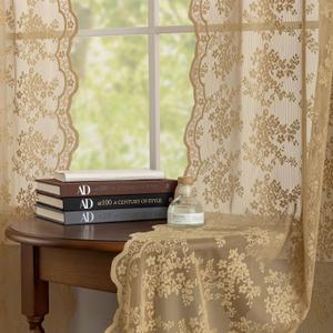YJ YANJUN Taupe Lace Curtains 63 inches Length 2 Panels Vintage Earthy Neutral Sheer Curtains with Scalloped Edges Rod Pocket Short Crochet Lace Panles for Bedroom Dining Room W52 X L63 Light Coffee