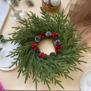 Christmas Wreath for Front Door 24 Inch Real Touch Norfolk Pine Wreath Cedar Greenery Wreath Christmas Reef Large Artificial Winter Green Wreaths for Walls Windows Indoor Outdoor Home Decor (Red)