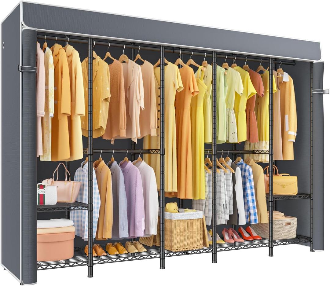 ULIFHOME H50C Extra Large Clothes Rack with Cover, Freestanding Portable Closet, Covered Clothing Racks for Hanging Clothes, Heavy Duty Garment Rack, Wardrobe Closet with Gray Cover Max Load 1350 Lbs