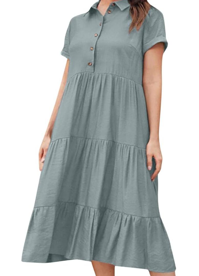 Womens Casual Short Sleeve Button Down Blouse Cotton Linen Midi Dress Summer Casual Loose Tiered Swing Dresses L