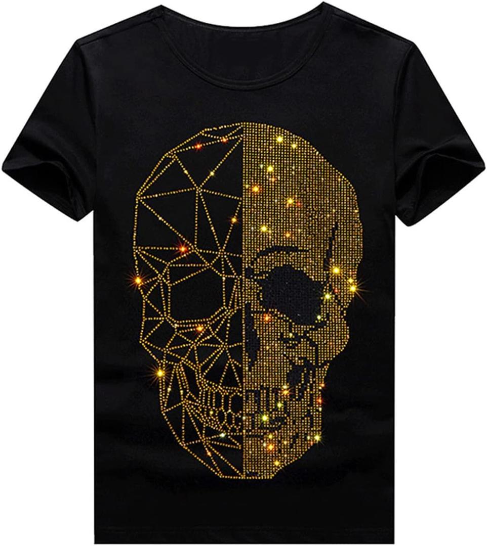 HZCX FASHION Mens Rhinestone Skull Graphic Shirt Round Collar Short Sleeve Tees XXL