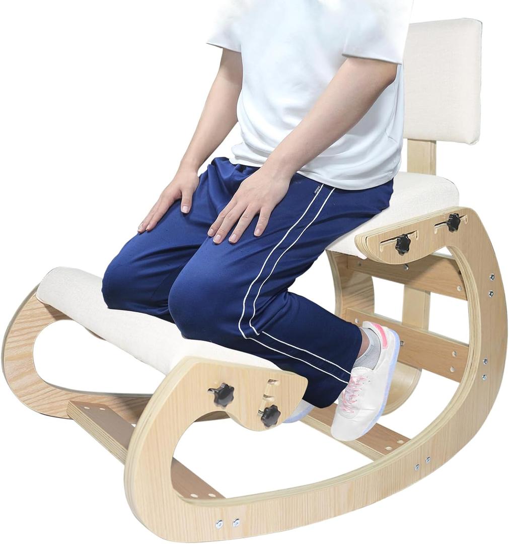 Ergonomic Kneeling Chair with Back Support, Adjustable Height Wooden Knee Chair - Improve Posture with an Angled Seat, with Cushion for Home,Office, Ivory