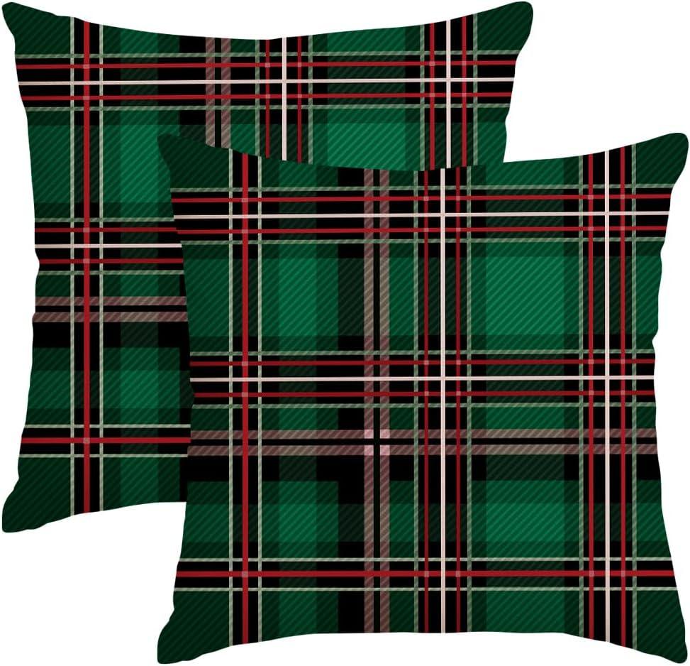RABUSOFA Green Plaid Christmas Pillow Covers 18x18 Inch Set of 2, Winter Holiday Party Farmhouse Xmas Cushion Cases Decoration for Home Sofa Couch Outdoor (Green, 18" x 18" (Pack of 2))