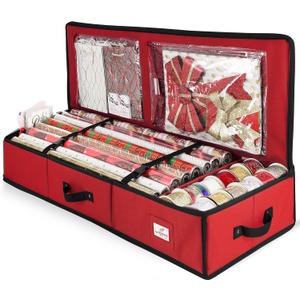 Hearth & Harbor Wrapping Paper Storage Container - Christmas Storage Bag with Interior Pockets - Gift Wrap Organizer Fits Up to 22 Rolls of 40" - Tear Proof, Red (Medium)