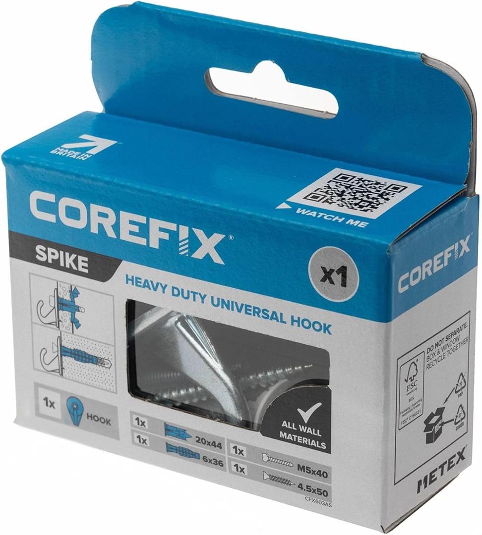 Corefix Spike, Heavy Duty Wall Hook Anchor Kit for Mirrors, Pictures and Canvas' Up to 110lbs in Drywall or Up to 132lbs in Masonry Walls. Easy to Install (Silver Finish)