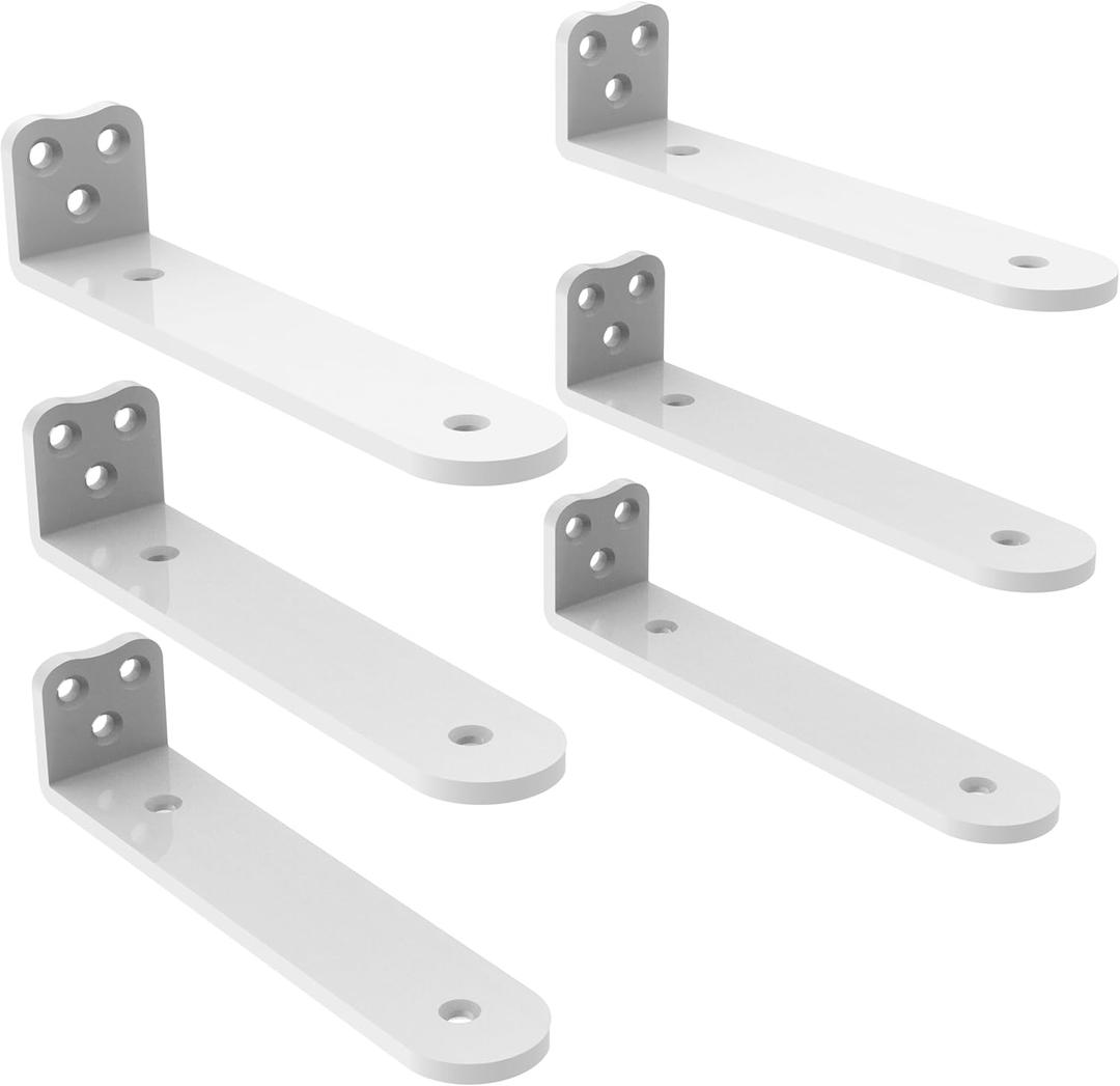 Eurydice Heavy Duty Floating Shelf Brackets, 1/4 inch Thick L Brackets, (8 In 6 Pack White), Holds 200 lb, Rounded Arc Edge, One-Piece, 3 Hole Mounting For Wood Shelves in Kitchen, Garage, Office, DIY