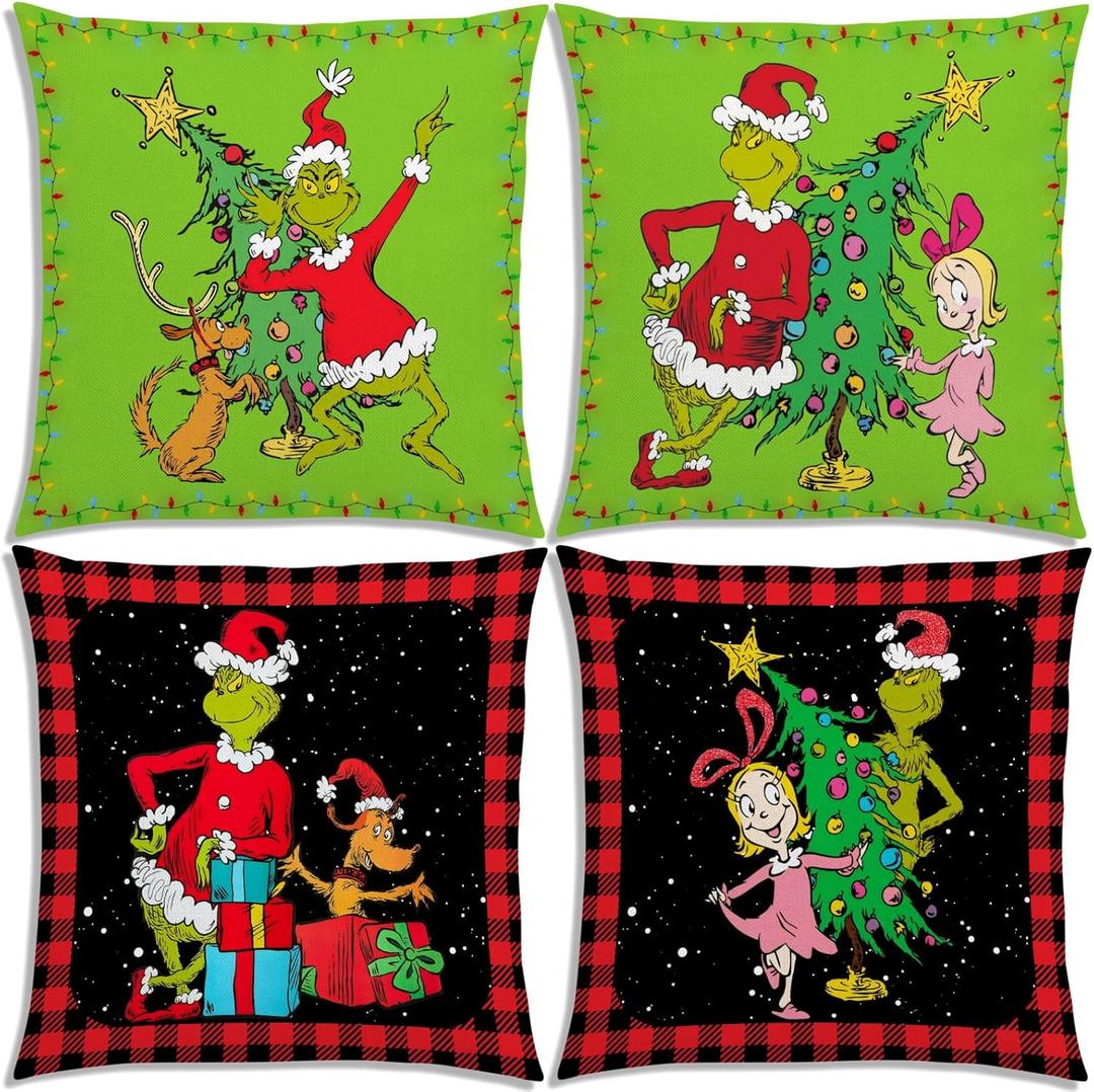 Vohado Merry Christmas Throw Pillow Covers 18x18 Green Christmas Winter Holiday Birthday Party Decoration for Home Bed Couch Sofa -Set of 4