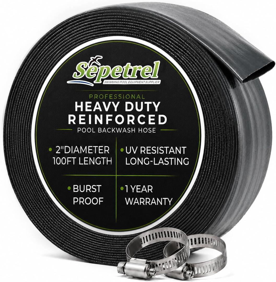 Sepetrel Pool Backwash Hose 2 Inch x 100 Feet | Heavy Duty Burst Resistant & Weatherproo Lay Flat Discharge Hose for Pool Sand Filter, Sump Pump, Inground & Above Ground Pools,Includes 2 Clamps