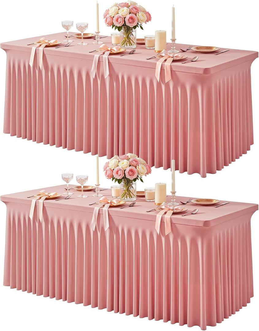2 Packs Dusty Rose Table Clothes for 6 Foot Rectangle Tables, One-Piece Wrinkle Resistant Stretch Spandex Table Covers with Skirt for Event Banquet Wedding Birthday Party