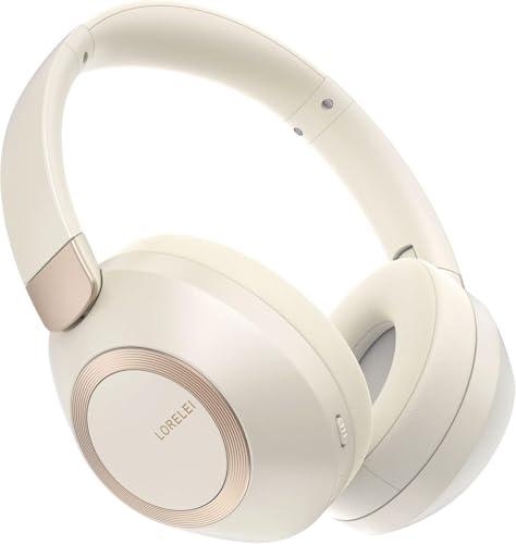 LORELEI B-C6 Wireless Over Ear Headphones, 50H Playtime Foldable Lightweight Bluetooth Headsets, Deep Bass, Built-in Microphone, Memory Foam Earmuff, for Travel, Home Office (Beige White)