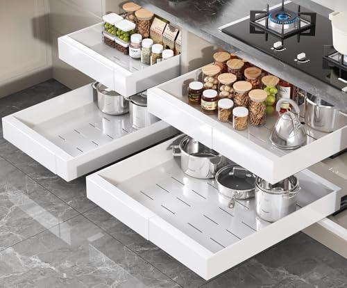 Seinloes 1qty Pull Out Cabinet Organizer 21" Deep, Full Extension 3 Slide Rails Slide Out Drawers With Raising Pad for Framed Cabinets, Expandable Width (12.3"-20.5"),No Drill Roll Out Shelves, White