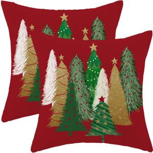 AEIOAE Christmas Pillow Covers 22x22 Inch Set of 2 Colorful Christmas Tree Throw Pillows Case, Stars Holiday Outdoor Decorative Farmhouse Winter Red Decor Cushion Covers for Home Sofa Bed Couch