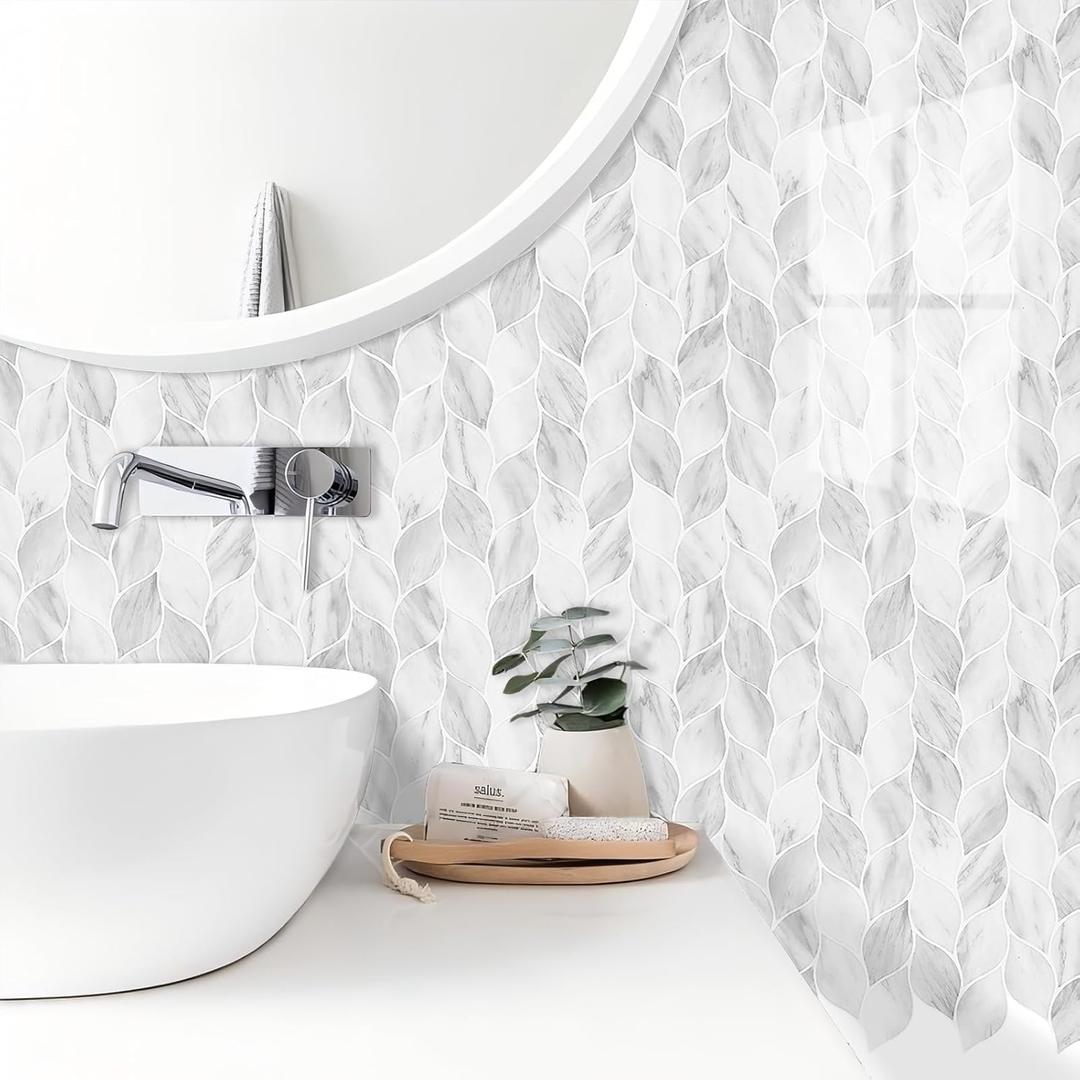 Tilingview 10 Pcs Leaf Design Peel and Stick for Kitchen Backsplash, Premium Self-Adhesive Tiles Wall Stickers (Greyish White) (12"x12"x0.04")