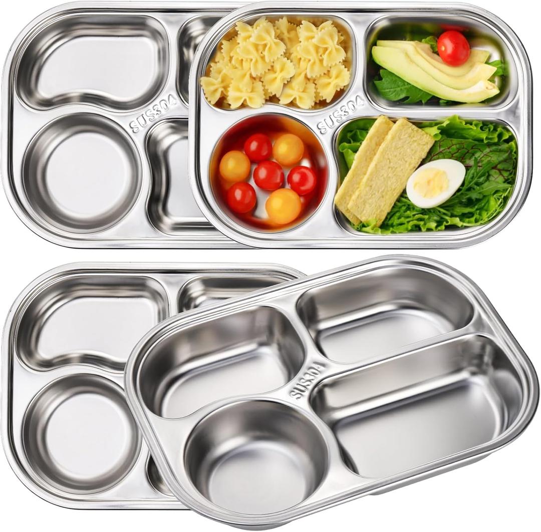DEAYOU 4 Pack 18/10 Stainless Steel Divided Plate, Small Child Plate with 4-Compartment, Portion Control Serving Platter, Mess Food Sectioned Tray for Dinner, Lunch, Cafeteria, Kids, Adult