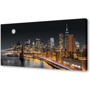 XXMWallArt FC4275 New York City Wall Art Brooklyn Bridge Night View Picture Canvas Print Artwork for Living Room Bedroom Home Decoration (59L" x 29W")