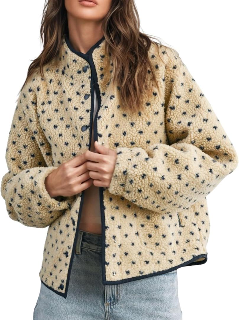Women's Fleece Jacket Button Down Lapel Collar Sherpa Jackets Long Sleeve Contrast Quilted Outerwear (Medium, Khaki)