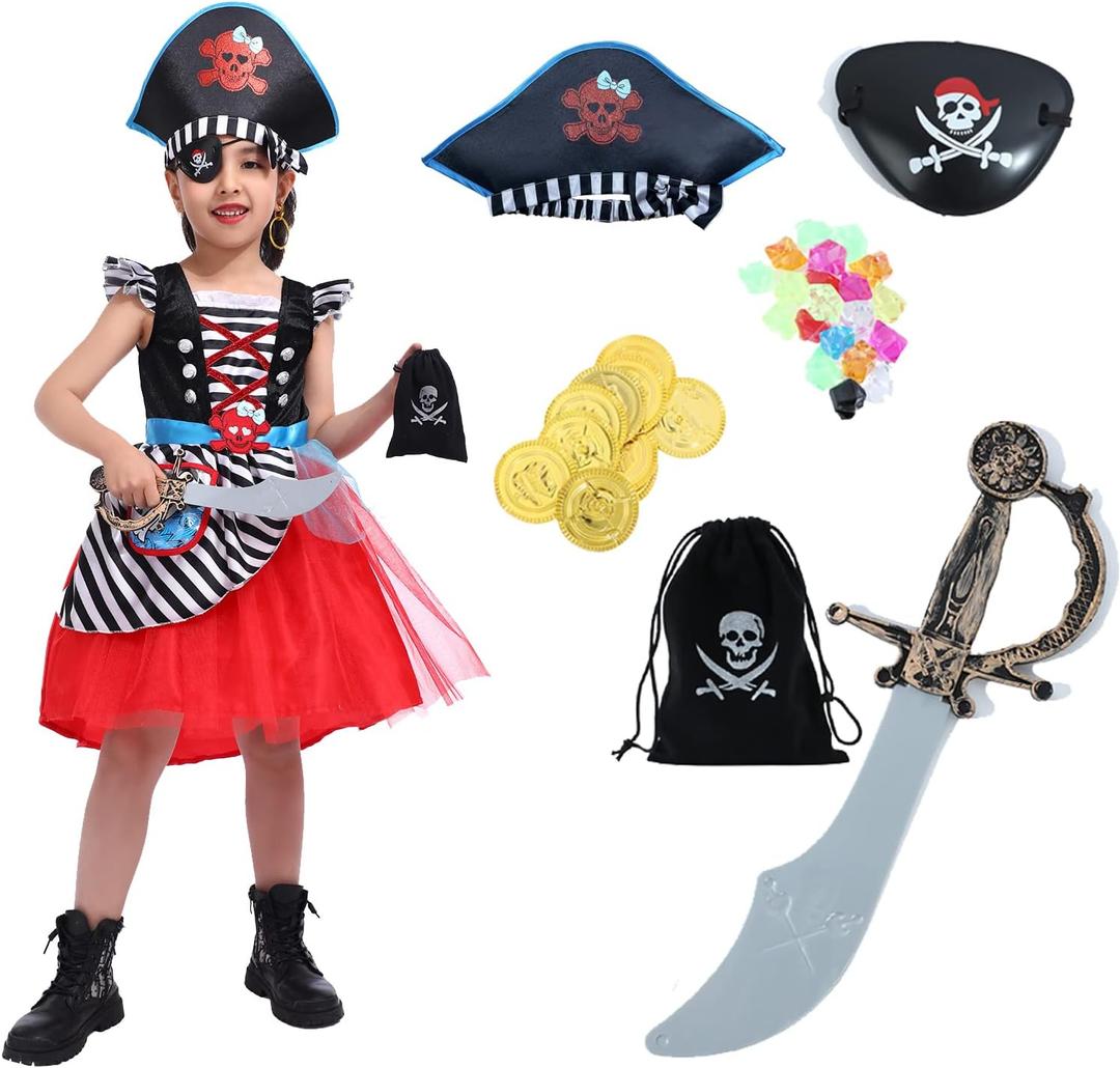 Girl's Pirate Costume DressBuccaneer Princess Dress With Eye-Patch,Coins,Jewels,Earring 7-8years